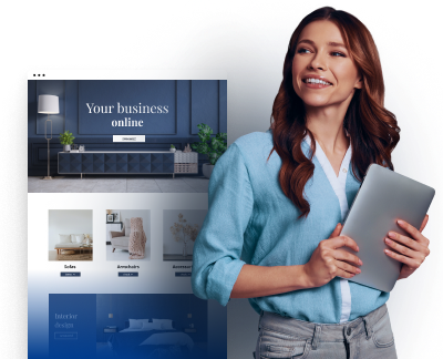 A smiling women with a tablet in his hands and a thumbnail of a furniture website next to him.